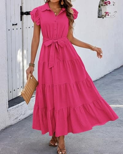 dowerme Women's Summer Casual Dresses 2026 Cap Ruffle Sleeve V Neck Button Belted Tiered Boho Maxi Dress with Pockets(Rose Red,Large) - Thumbnail 6