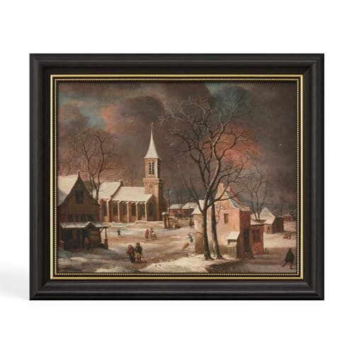 DAJONART Vintage Gold Framed Canvas Winter Wall Art, Snowy Village Scene with Church & Sleigh Printed Oil Painting Wall Decor, Framed Canvas Christmas Decor, Rustic Holiday Gift for Home, 8 x10 - Image 1