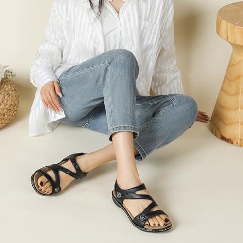 Goldnut Flat Black Sandals For Women Dressy, Ankle Strap Arch Support Black Walking Comfortable Flats Open Toe Sandal Medium US Size 9 - Thumbnail 3