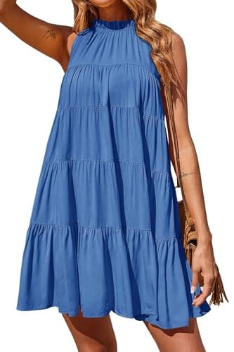 Okiwam Womens Summer Halter Dresses Sleeveless A Line Tiered Swing Mini 2025 Fall Casual Boho Beach Vacation Sundress-M Sky Blue - Image 1