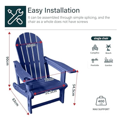 Adirondack Chair with Cup Holder,Tool-Free Assembly,No Screws Needed,All-Weather HDPE Plastic Outdoor Patio Chair,Wood-Grain Slatted Look,Easy to Take Apart for Storage,Fire Pit Chairs（Navy blue） - Thumbnail 2