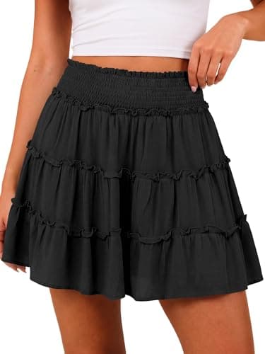 Caracilia Womens Mini Skirt Skorts Flowy High Waisted Ruffle Tiered Casual Summer Beach Short Skirts Built-in Shorts 2026 Black Large - Image 1