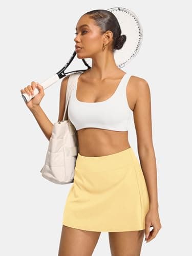 AFFOLE Women's Tennis Golf Skirts High Waisted with Pockets Inner Shorts for Athletic Skorts Sports Running Pickleball Light Yellow - Thumbnail 3