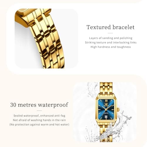 OLEVS Watch Womens Gold Luxury Rectangle Waterproof Fashion Small Wrist Blue Face Watches for Women Square Stainless Steel Analog Quartz Dress Womens Watch Reloj para Mujer - Thumbnail 6
