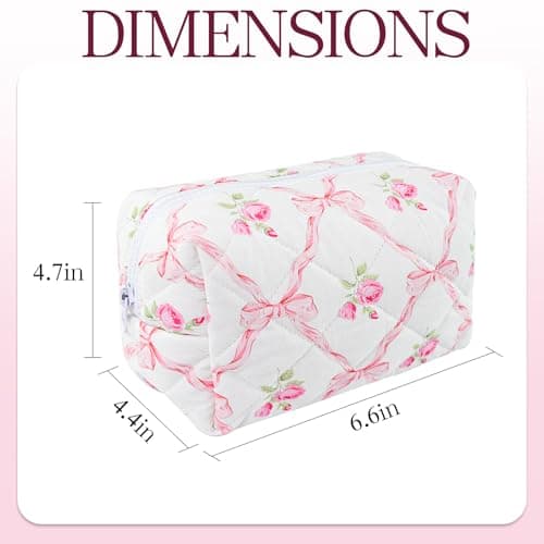 Quilted Makeup Bag Floral Cotton Make up Bag Puffy Coquette Makeup pouch Aesthetic Cute Travel Toiletry Bag for Women Girls - Thumbnail 2
