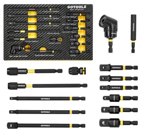14PC Impact Socket Adapter Set, 1/4" 3/8" 1/2" Square Drive Converter, Quick Release Magnetic Drill Bit Extension Rod, 360° Swivel Universal Joint & 105° Right Angle Drill Attachment - Image 1