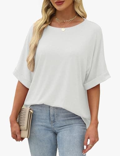 GKBK Womens Oversized T Shirts Crew Neck Short Sleeve Tops Spring Summer Business Dressy Casual Loose Fit Workout Work Basic Tee Blouse 2026 Beach Vacation Trendy Plus Size Clothes Outfit White L - Thumbnail 3