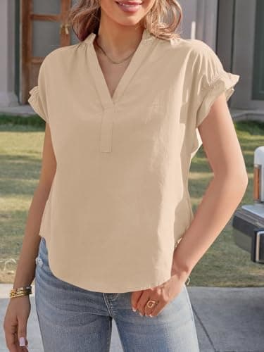 Tankaneo Womens Ruffle Short Sleeve Blouses Summer Casual V Neck Tops Loose Curved Hem Cotton Shirts Apricot - Thumbnail 5