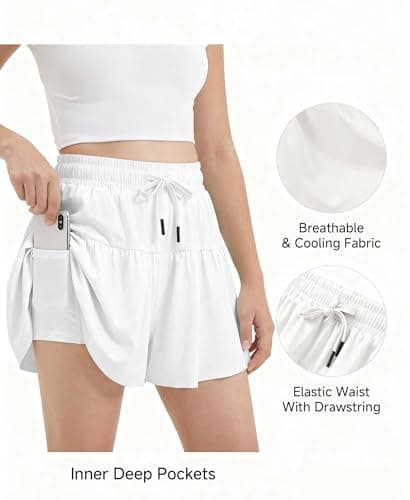 Stelle Girls Athletic Shorts Flowy 2 in 1 Butterfly Short Running Soccer Tennis Sports Shorts with Pocket,White,12-13 Years - Thumbnail 3