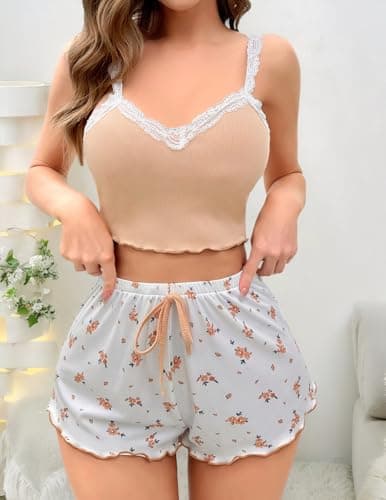 Girece Womens Sexy Pajama Sets Petite Lounge Sets 2 Piece Lingerie Set Cute Pj Sets Cami and Short Sleepwear Set Floral Nightwear(Beige,L) - Thumbnail 4