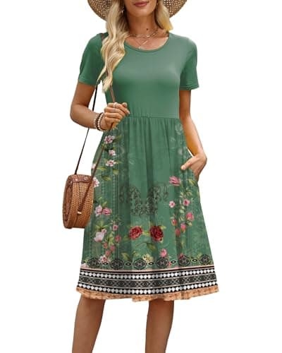 COSSEN Women's 2026 Summer Midi Dress Green-Printed XX-Large Crew Neck Short Sleeve Casual Tshirt Sundress with Pockets Flowy Loose - Image 1