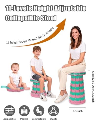 XplrKamp Folding Collapsible Stools Chair, Lightweight Portable Seat for Adults, Adjustable Retractable Foldable Stool with Load Capacity 400lbs for Camping, Backpack, Fishing, Travel, Pink, 2 Pack - Thumbnail 2