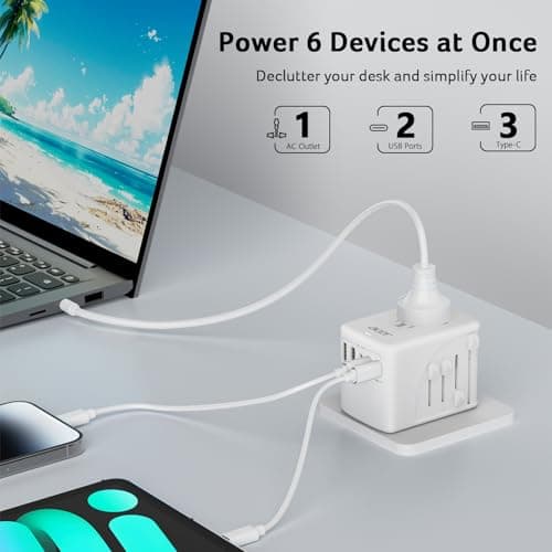 Acer Universal Travel Plug Adapter - International Power Adapter with 5 USB Ports (3 USB C) 5.8A, Worldwide Outlet Charger for USA to European UK France Germany Spain, Type C/E/F/G/I/L/A, White - Thumbnail 3
