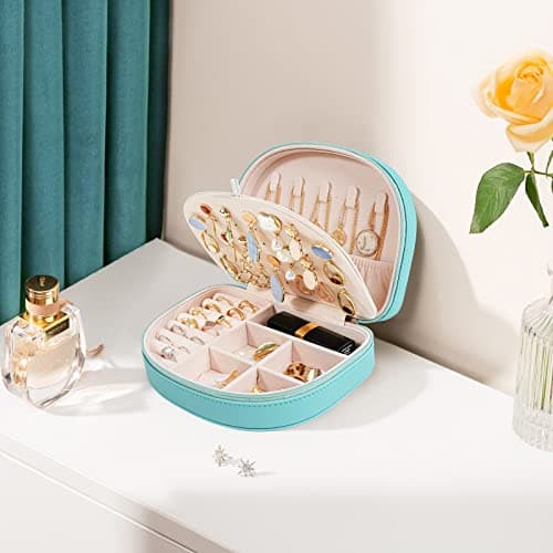 ProCase Travel Size Jewelry Box, Medium Portable Seashell-Shaped Jewelry Case, 2 Layer Jewelry Organizer in PU Leather for Women -Blue - Thumbnail 2