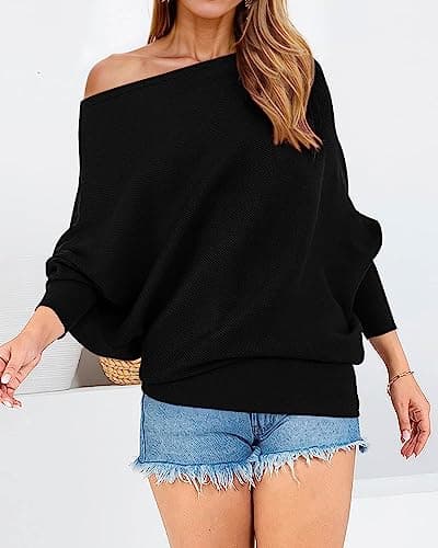 Zenlonr Women's Fall Winter Sweaters 2026 Casual Long Batwing Sleeve Loose Off Shoulder Knit Pullovers Jumper Tops(Black,Small) - Thumbnail 3