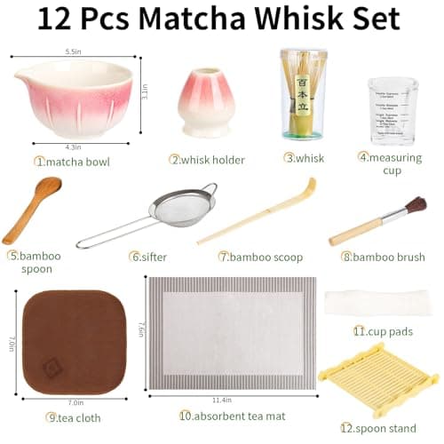 12 Pcs Matcha Whisk Set - Matcha Set Includes Ceramics Matcha Bowl and Cup, Matcha Kit for Ceremony Making Tools, Gift for Family/Friend （Gradient pink） - Thumbnail 2