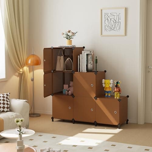 ATTDETJL Cube Storage Organizer, 6-Cube Shelves Unit with Doors, DIY Stackable Plastic Clothes Organizer for Bedroom and Under Stairs Storage Unit, Each Compartment 30 x 30 x 30 cm Brown ATTSL6007 - Thumbnail 4