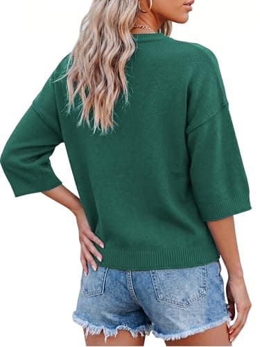 LaGracia Womens Short Sleeve Sweaters Loose Fit Oversized Cropped Sweaters Knit Crop Summer Tops Crew Neck Casual Knitted Top 2026 Aquamarine L - Thumbnail 2
