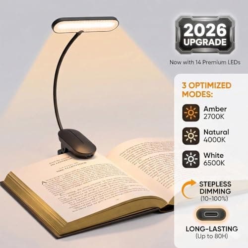 Clip-On Book Light for Reading at Night - Rechargeable 14 LEDs with 3 Color Modes & Stepless Dimming, Eye-Care USB-C Charging, 70-Hours, 360° Flexible Gooseneck - Perfect for Books, Bedtime Reading - Thumbnail 2