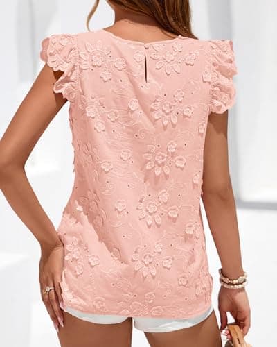 KIRUNDO Blouses for Women Dressy Casual Lace Ruffle Cap Sleeve Tops 2026 Summer Eyelet Floral Embroidered Cute Boho Shirts(Pink, XX-Large) - Thumbnail 3