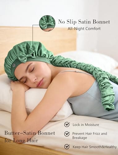 Vettres Heatless Curl Satin Bonnet for Sleeping, No Slip Sleep Bonnet with Long Curling Ribbons for Braids & Long Hair Green - Thumbnail 2
