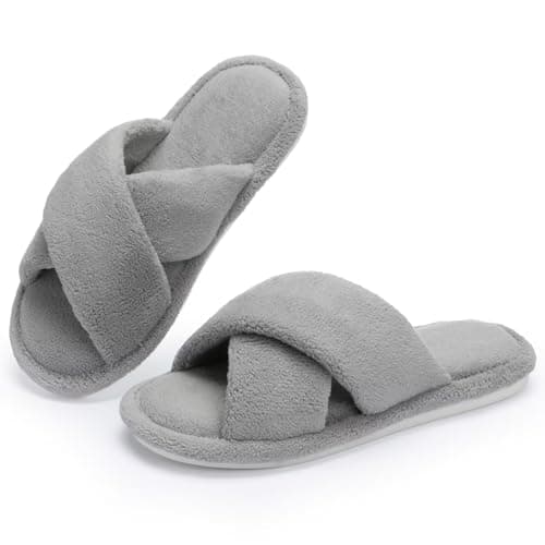 NineCiFun Women's Slippers Open Toe Cross Band Breathable House Shoes with Memory Foam, Cozy Footbed, Non-Slip Indoor Slides Gray 11 12 - Image 1