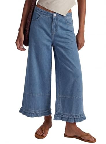 EVALESS Womens Wide Leg Jeans 2026 Trendy Mid-Rise Cropped Baggy Jeans Loose Fit Cute Ruffle Hem Trouser Denim Pants with Pockets Beau Blue Size 10 - Image 1