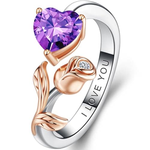 1CT Rose Heart Adjustable Ring 6.5~8 Ring Moissanite/Lab Created Ruby/Emerald And More VVS1 D Clarity 18K White/Rose Gold Gift for Wife Mother Daughter Birthday Wedding Engagement Christmas Anniversary Mothers Day Gift for Mom Bride (02/06-Feb/Jun Amethyst) - Image 1