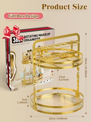 DUANFEE 360° Rotating Makeup Organizer, 2-Tier Gold Perfume Organizer for Dresser, Bathroom Organizer Countertop, Lazy Susan Spinning Perfume Stand Vanity Skincare Storage with Makeup Brush Holder - Thumbnail 4