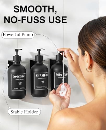 Luxspire Shampoo and Conditioner Bottles, 500ml Shampoo and Conditioner Dispenser, Shower Soap Dispenser Wall Mounted Plastic Bottles Bamboo Pump, Black 3 Sets for Bathroom, Shower Wall and Hotel - Thumbnail 3