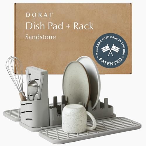 Dorai Home Collapsible Dish Drying Rack and Stone Pad – Foldable Rack with Instant - Dry Stone Mat – Space-Saving Dish Drainer for Kitchen Counter -19.9" x 15.2" (Sandstone) - Image 1
