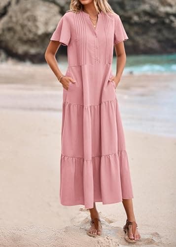 KIRUNDO Summer Maxi Dresses for Women 2026 Spring Fashion Short Sleeve Button V Neck Pleated Loose Tiered Swing Flowy Dress(Pink, Medium) - Thumbnail 5