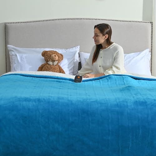 Fantico Heated Electric Blankets - Soft Flannel Heating Throw Electric Blanket with 6 Heat Settings Twin Size 62" × 84" Teal - Velvet & Sherpa