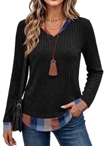 WIHOLL Fall Sweaters for Women Long Sleeve Shirts Tunic Tops Plaid Black M - Image 1