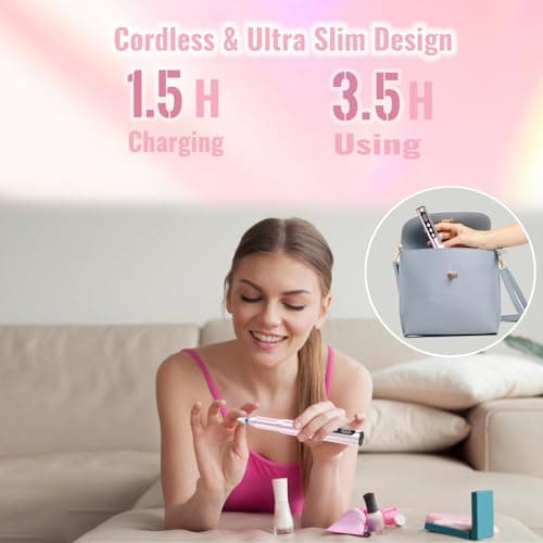 Denabuty Electric Nail Drill Cordless, 35000RPM Portable Electric Nail File with LCD Display and 12 Nail Drill Bits for Acrylic & Gel Nails, Professional Manicure & Pedicure Kit Set Pink - Thumbnail 3