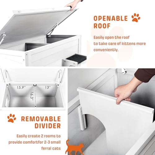 BRIOPAWS Outdoor-Cat-House-Insulated | Feral-Cat-Shelter for Winter | Weatherproof | Large Wooden Pet House for Multiple Cats | Foldable Ladder | Acrylic Side Window | White - Thumbnail 6
