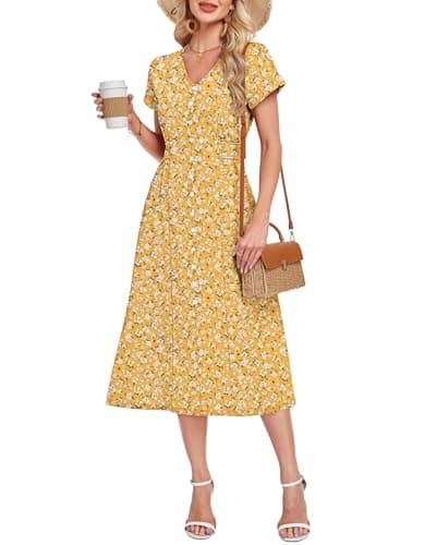 MOLERANI Summer Women's 2026 V Neck Casual Short Sleeve Midi Dress Waffle Knit Flowy Pockets Button Womens Maxi Boho Dresses Spring Floral Sundress Beach Vacation Outfits Comfy, YE S Floral, M - Image 1