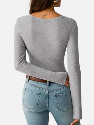 GKBK Women's Long Sleeve Tops Casual Scoop Neck Ribbed Knit Slim Fitted Basic Tee Shirts 2025 Fall Trendy Outfits Gray - Thumbnail 4