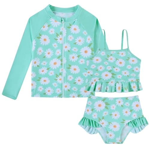 Funnycokid 4T 5T Swimsuit Kids Little Girls Little Daisy Blue Bathing Suit Ruffle Rashguard Sets Swimwear Zipper Long Sleeve 3 Piece Swimming - Image 1