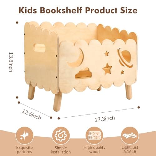 Kids Bookshelf, Montessori Toddler Bookshelf for Kids 2 Adjustable Dividers - Thumbnail 2