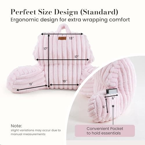 Amélie Home Faux Fur Reading Pillow with Pocket for Sitting in Bed, Kids Backrest Bed Pillow with Washable Cover for Lounging, Watching TV/Gaming/Resting/Post/Surgery/Nursing, Light Pink 17 inches - Thumbnail 2