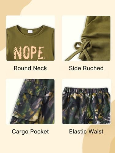 AMAWMW Girls Clothes Summer Outfits Short Sleeve Letter Print Ruched Tops and Cargo Pants Set Teen Clothing Army Green 15-16Y - Thumbnail 6