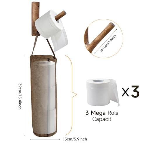 Wooden Toilet Paper Holder Wall Mount - Self-Adhesive Bathroom Tissue Holder, Retro Bohemian Farmhouse Style, No Drilling for Small Spaces Bathrooms RVs and More - Walnut Color - Thumbnail 2