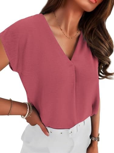 Totatuit Women Pleated V Neck Chiffon Blouse Formal Cap Sleeve Loose Fit Work Top 2026 Trendy Travel Cute Going Out Tops Carmine Medium - Image 1