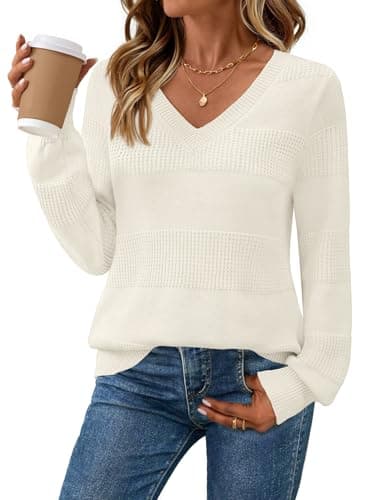 MEROKEETY Women's 2025 Fall Long Sleeve Sweaters Tops Casual Crochet V Neck Loose Pullover Knit Shirts, White, Medium - Image 1