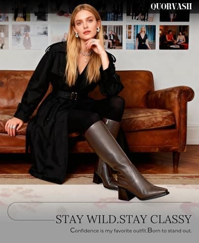 Quorvash Knee High Boots Women - Long Elastic Faux Leather Boots Tall Square Toe Chunky Block High Heel Shoes with Side Zipper Brown 7 - Thumbnail 2