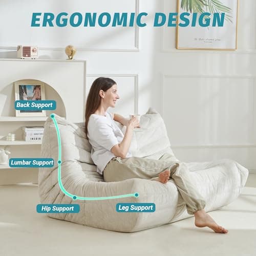 Homguava Bean Bag Chair, Giant Beanbag Chairs for Adults, Memory Foam Fireside Chair, Large Lazy Floor Sofa, Sofa Couch with High-Rebound Foam, Lounge Chair for Living Room, Bedroom (Beige, Loveseat) - Thumbnail 3