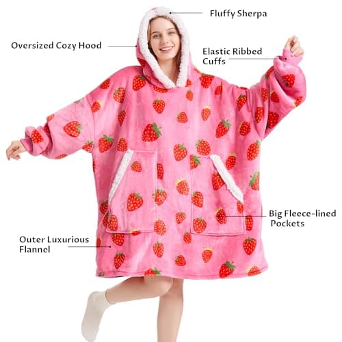 Kipswiza Strawberry Wearable Blanket Hoodie - Soft Cozy Sherpa Fleece Oversized Hooded Blankets Sweatshirt Birthday Gifts for Women Girls Mom Daughter Adult - Thumbnail 2