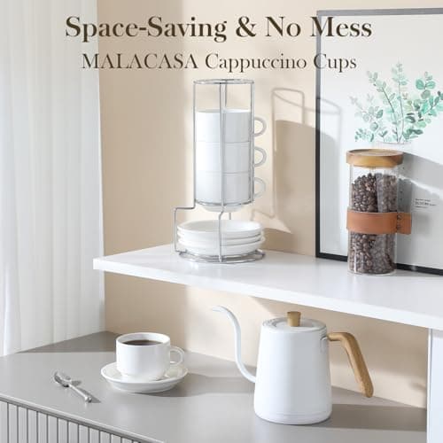 MALACASA 8 OZ Porcelain Espresso Cups with Saucers and Metal Stand Set of 4, Stackable Cappuccino Cups, White Expresso Shots Cup Set for Coffee Drinks, Latte, Tea - Thumbnail 6