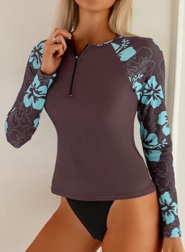 Dokotoo Women's Long Sleeve UV Sun Protection Rash Guard Top for Surfing Paddleboarding Without Bottoms Brown Medium - Thumbnail 2